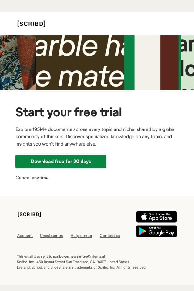 Download documents free for 30 days email from Scribd screenshot