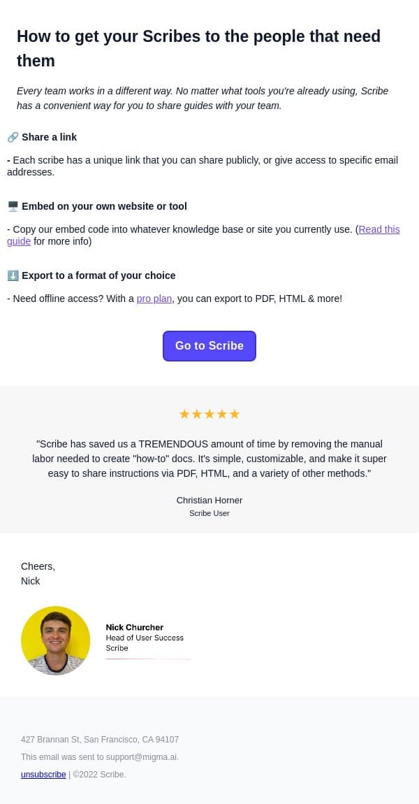 Break Down Knowledge Silos with Scribe email from Scribe screenshot