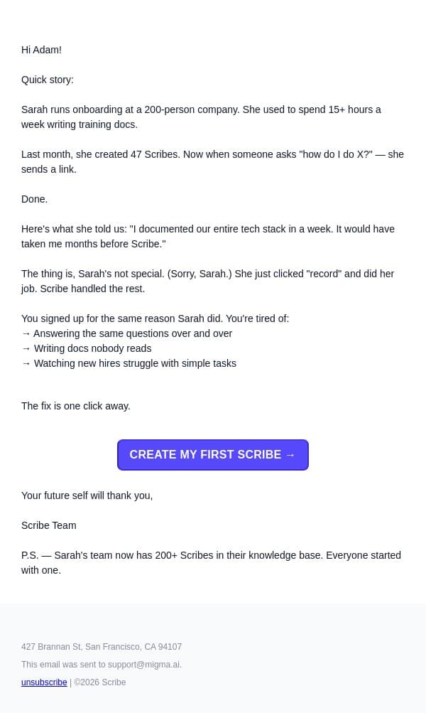 Sarah documented 47 processes last week (here's how) email from Scribe screenshot