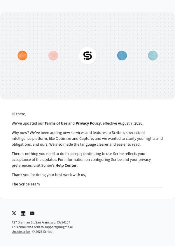 Updates to Scribe Privacy Policy and Terms email from Scribe screenshot