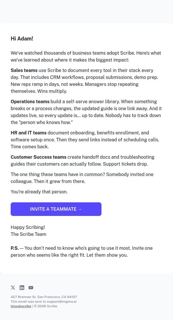 Which team at your company needs Scribe most right now? email from Scribe screenshot
