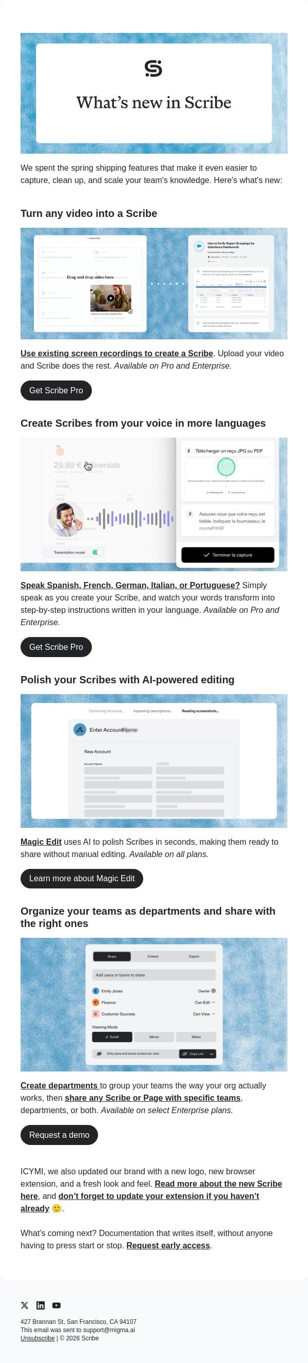Faster to capture. Easier to scale. Here’s what's new. email from Scribe screenshot
