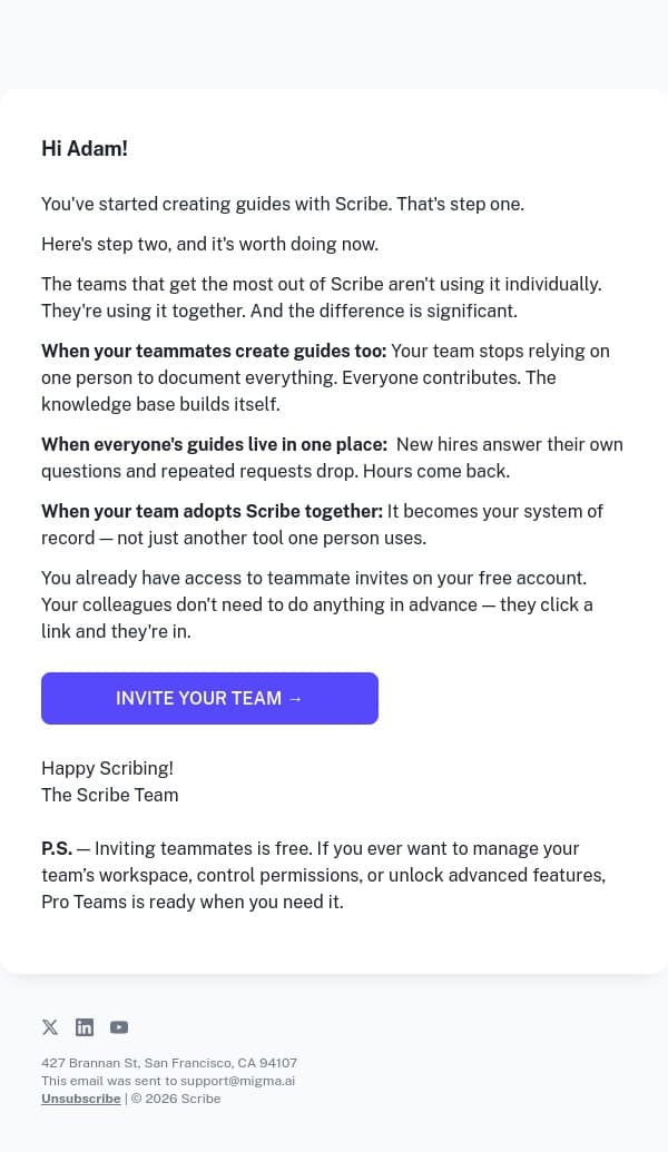Your Scribe gets more powerful with every teammate you add email from Scribe screenshot
