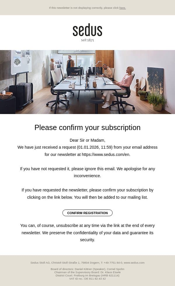 Sedus NEWS | Please confirm your subscription email from Sedus screenshot