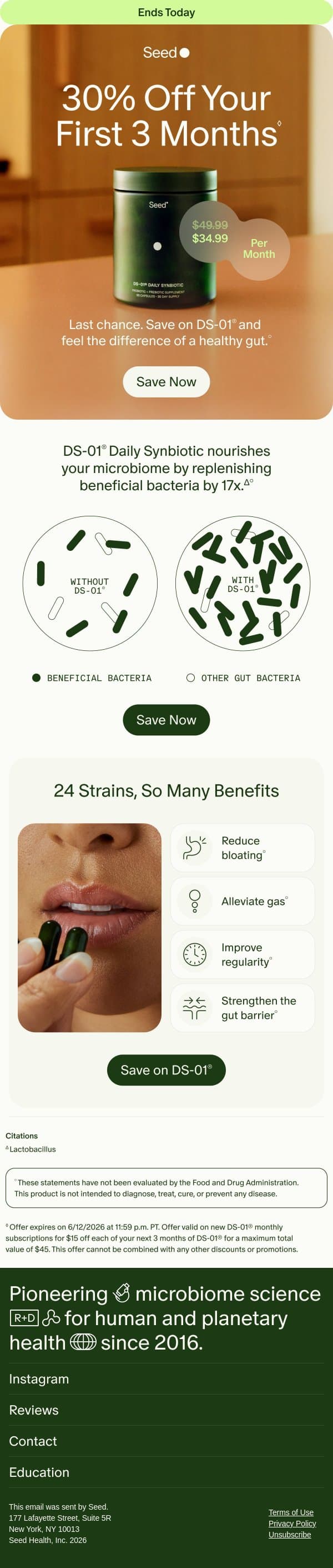 30% off ends TODAY. email from Seed screenshot