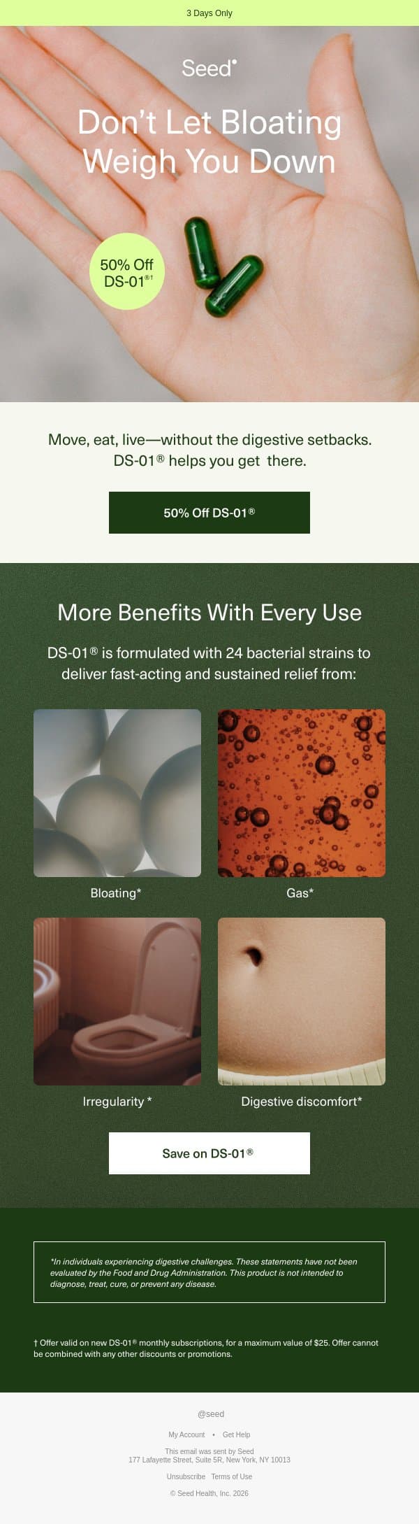 Bloating holding you back? Not anymore. email from Seed screenshot