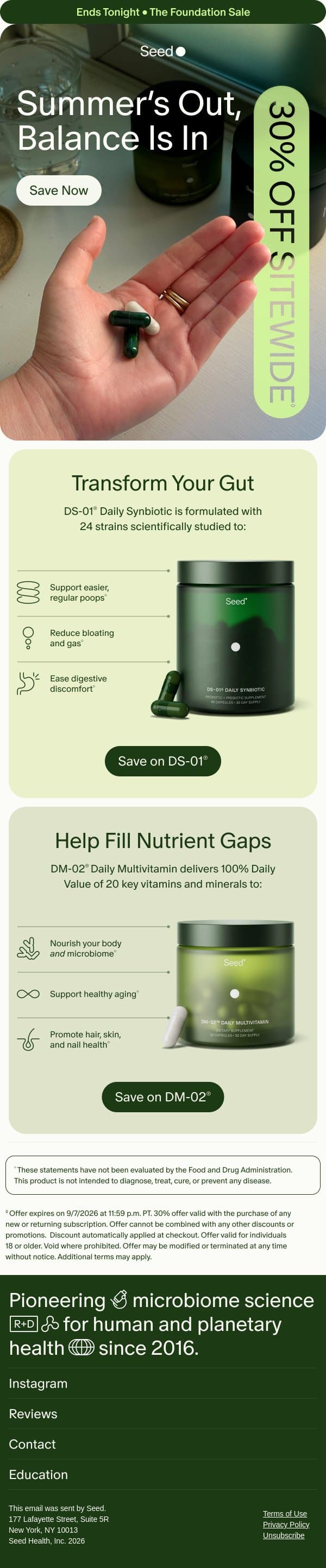 Last chance for 30% off sitewide. email from Seed screenshot