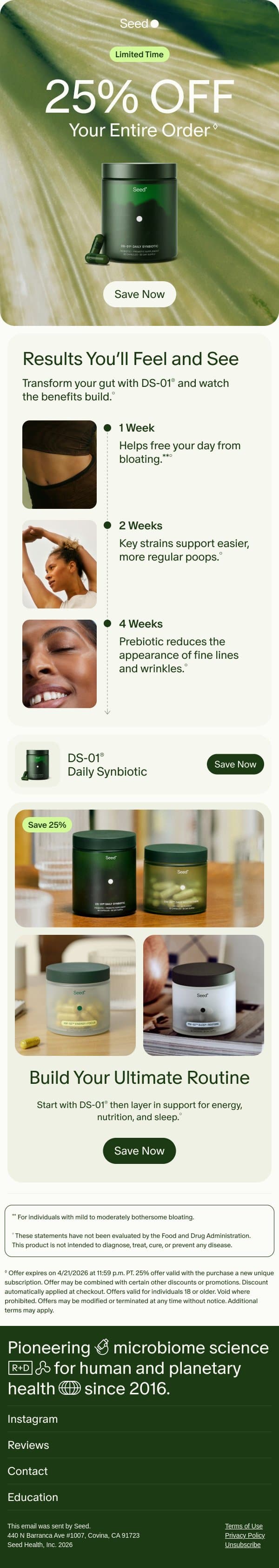 25% off for a healthier spring. email from Seed screenshot
