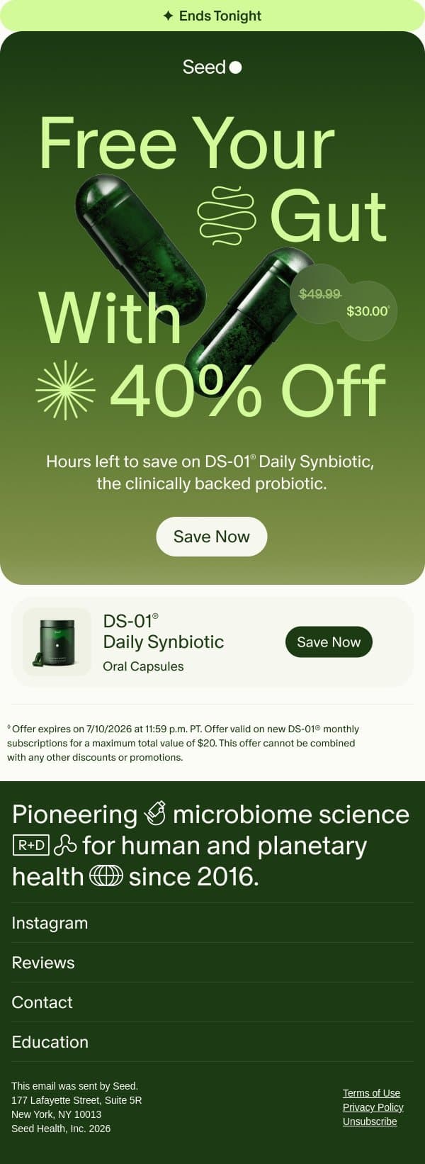 Ends TODAY: 40% off DS-01®. email from Seed screenshot