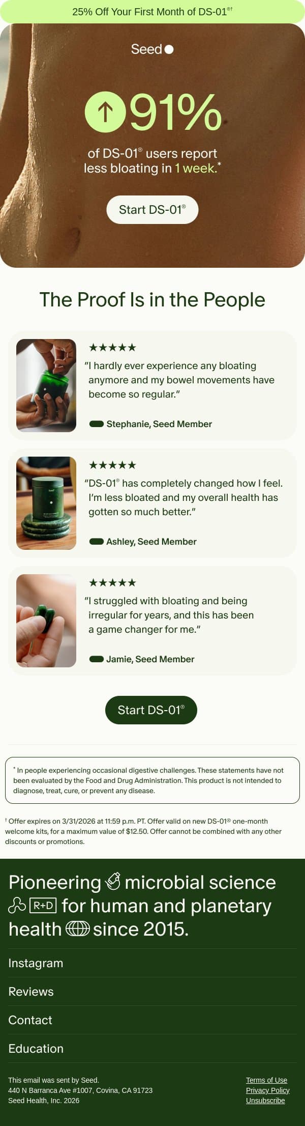 Be done with bloating. email from Seed screenshot