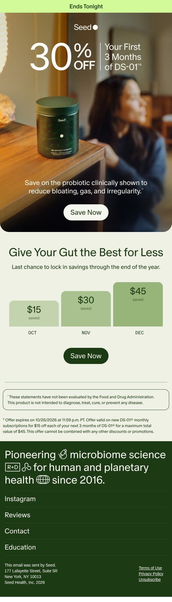 Ends TODAY: $45 off DS-01®. email from Seed screenshot