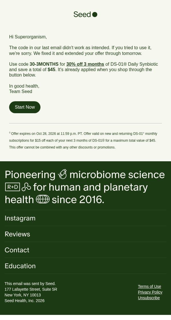 Oops, let’s try that again email from Seed screenshot