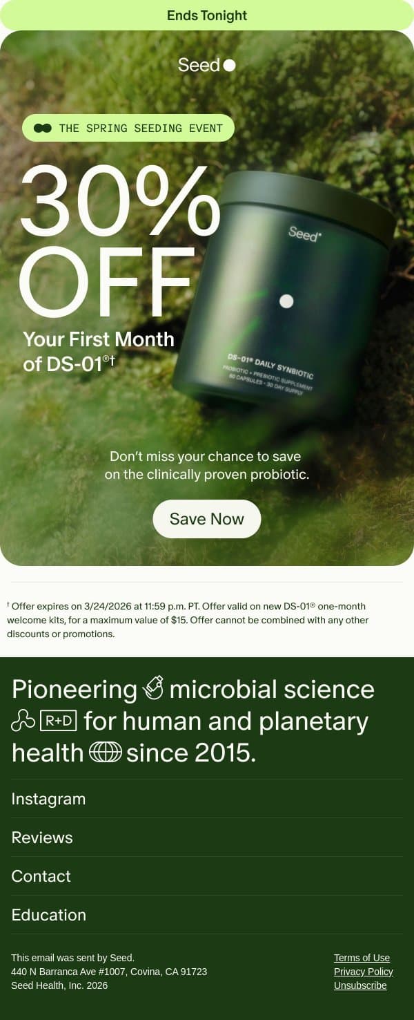 Final day for 30% off. email from Seed screenshot