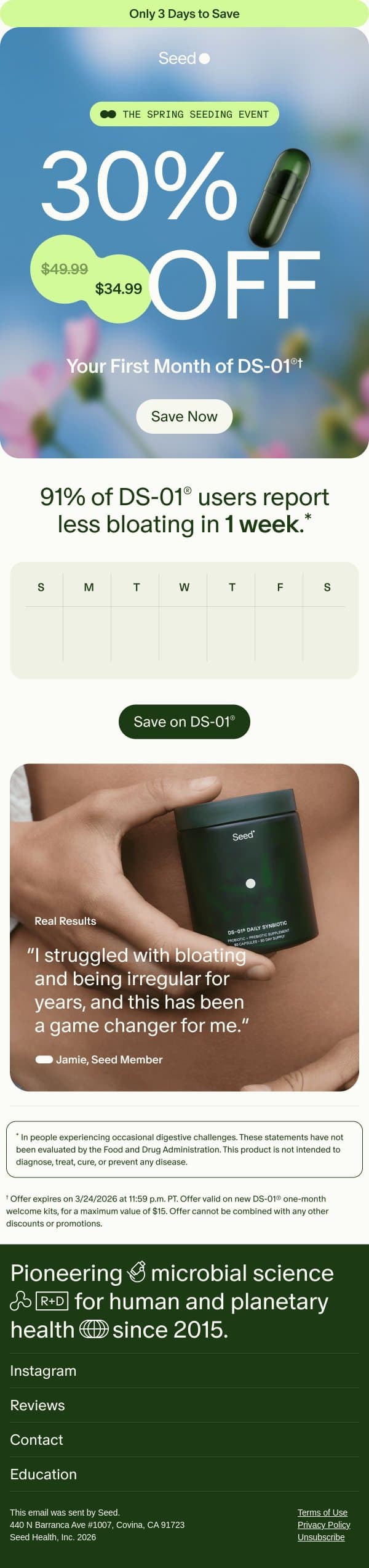 3 days only: 30% off DS-01®. email from Seed screenshot