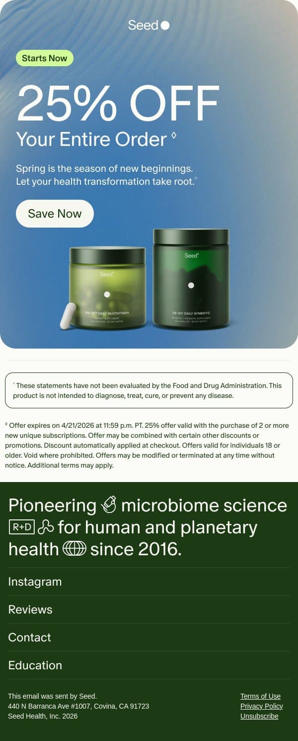 Just in: 25% off. email from Seed screenshot