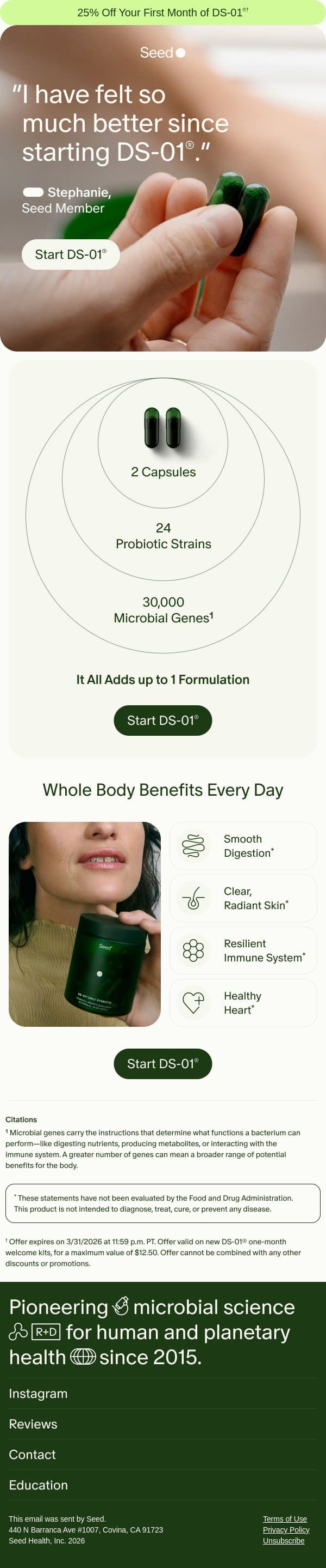 Whole body health in 2 capsules. email from Seed screenshot