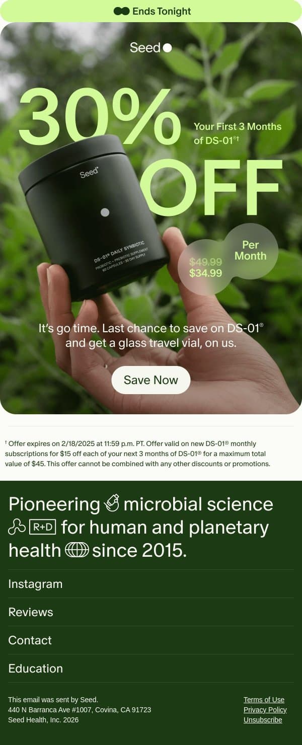 Hours left for 30% off + free gift. email from Seed screenshot