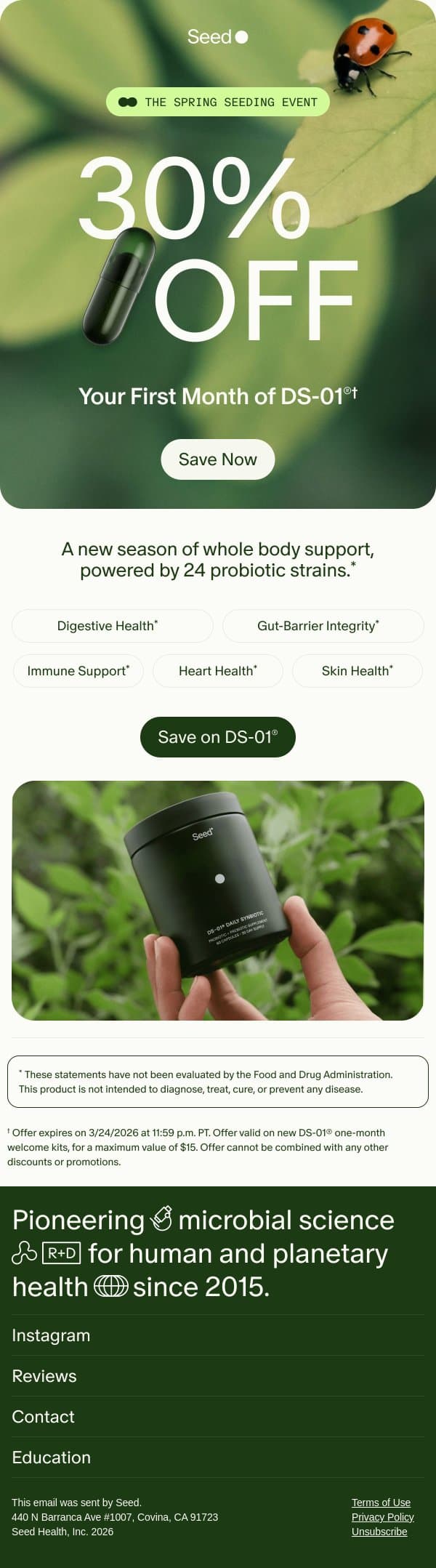 Start fresh with 30% off DS-01®. email from Seed screenshot