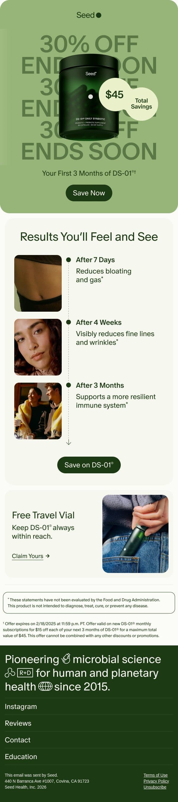 Don’t miss 30% off + free gift. email from Seed screenshot