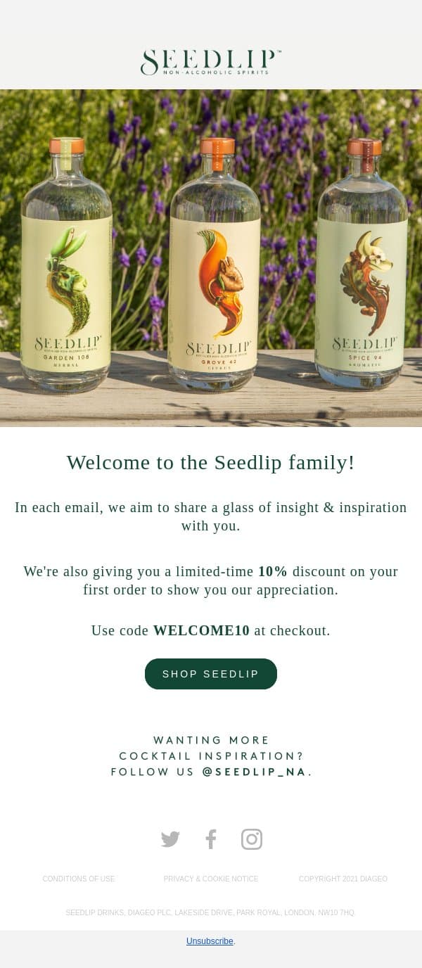 Welcome to the Seedlip Family email from Seedlip screenshot