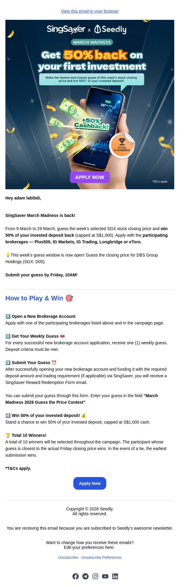 March Madness: Your Investment could be on us! 💰 email from Seedly screenshot