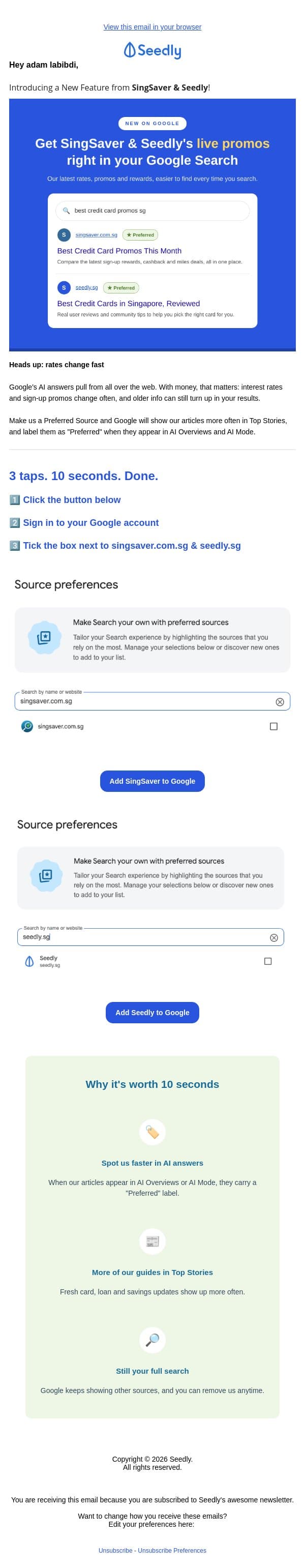 Get live promos in your Google Search 🔍 email from Seedly screenshot