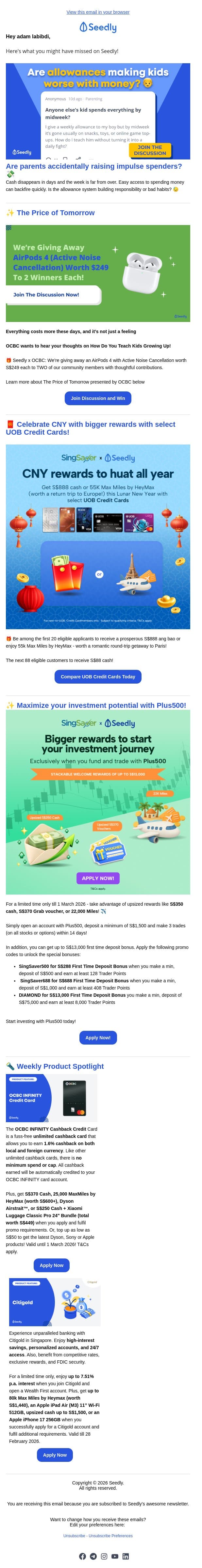 Allowance struggles: how strict should parents be? 💰 email from Seedly screenshot