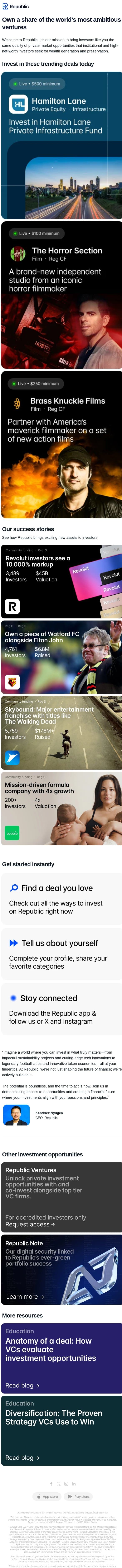 Welcome to Republic! 👋 email from Seedrs screenshot