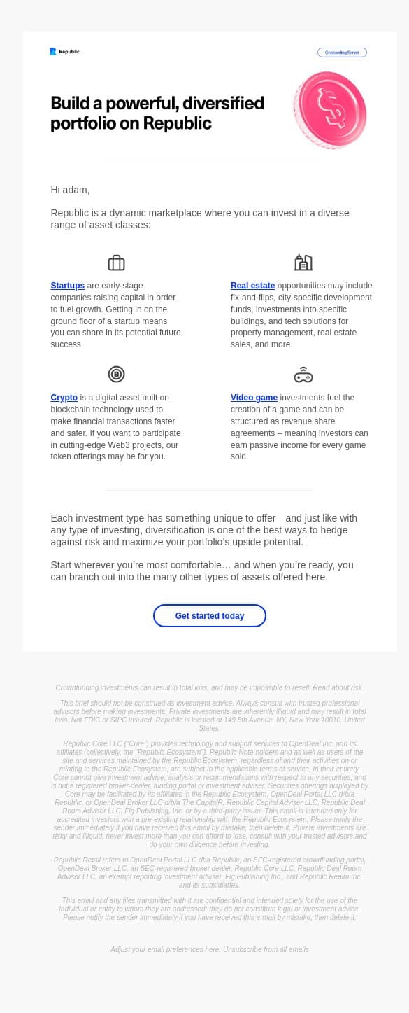 Build a powerful, diversified portfolio on Republic email from Seedrs screenshot