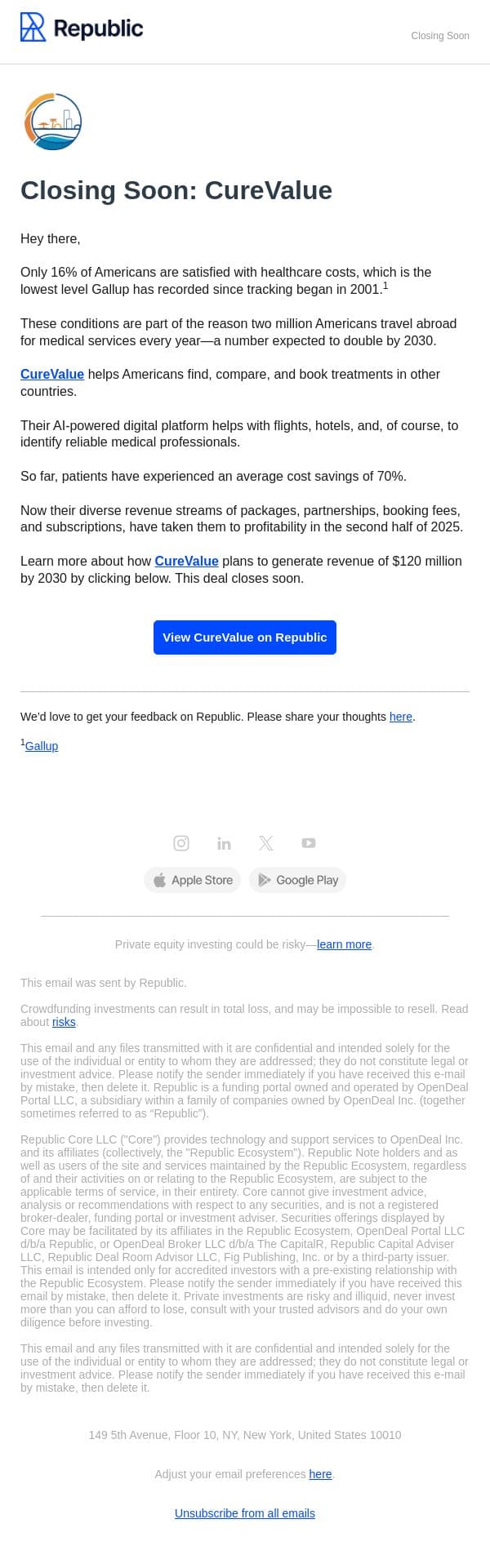 Closing Soon: Their patients have experienced an average cost savings of 70% email from Seedrs screenshot