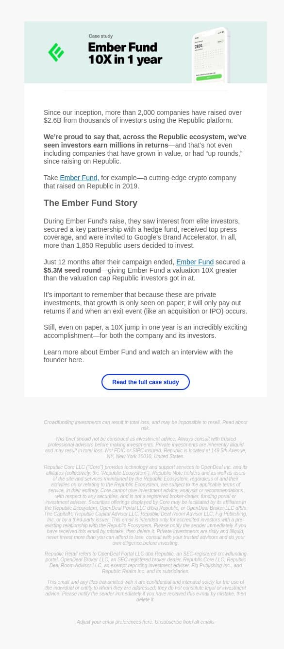 Ember Fund - 10x in 1 year email from Seedrs screenshot