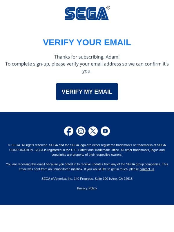 Please verify your email email from SEGA screenshot