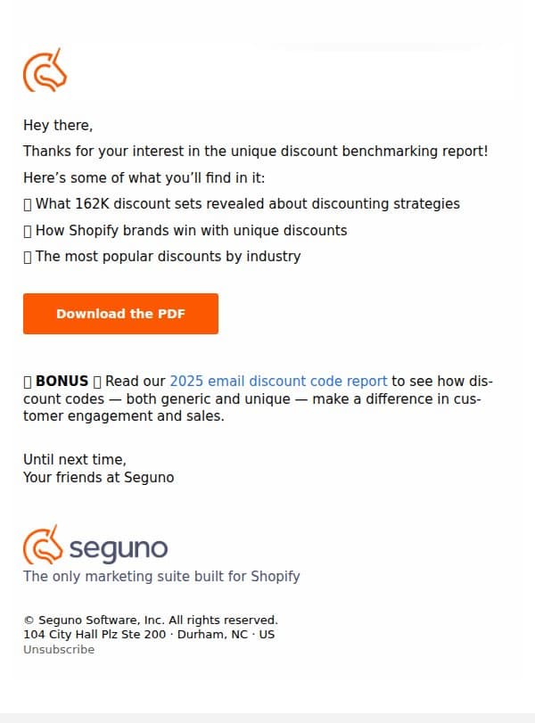 Your 2025 unique discount benchmarking report email from Seguno screenshot