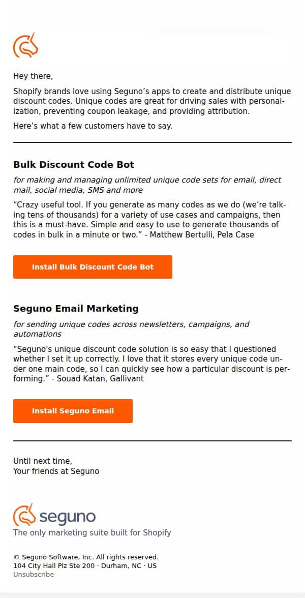 Why Shopify brands turn to Seguno for unique codes email from Seguno screenshot