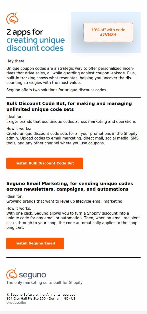 Reduce coupon abuse + drive customer engagement email from Seguno screenshot