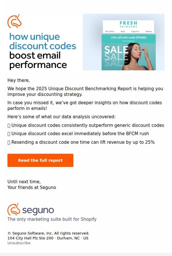 Do emails with discount codes spur more sales? email from Seguno screenshot