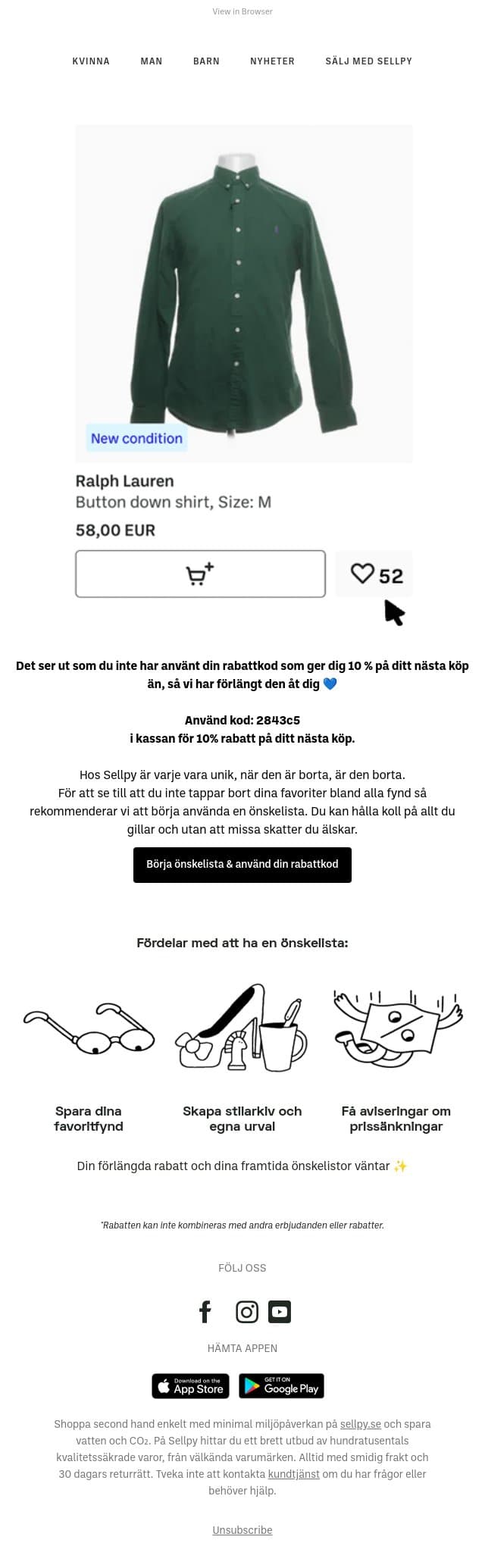💙 Vi har förlängt din rabattkod! email from Sellpy screenshot