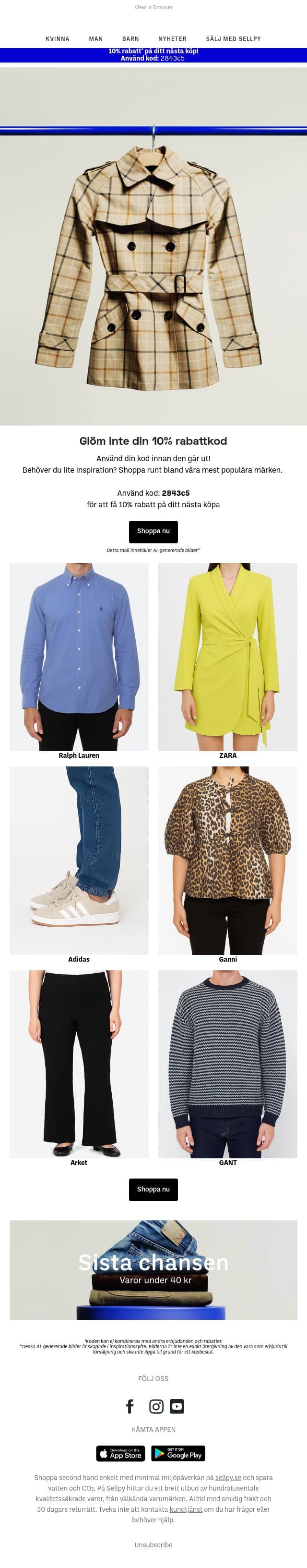 Upptäck pre-loved och få 10% rabatt email from Sellpy screenshot
