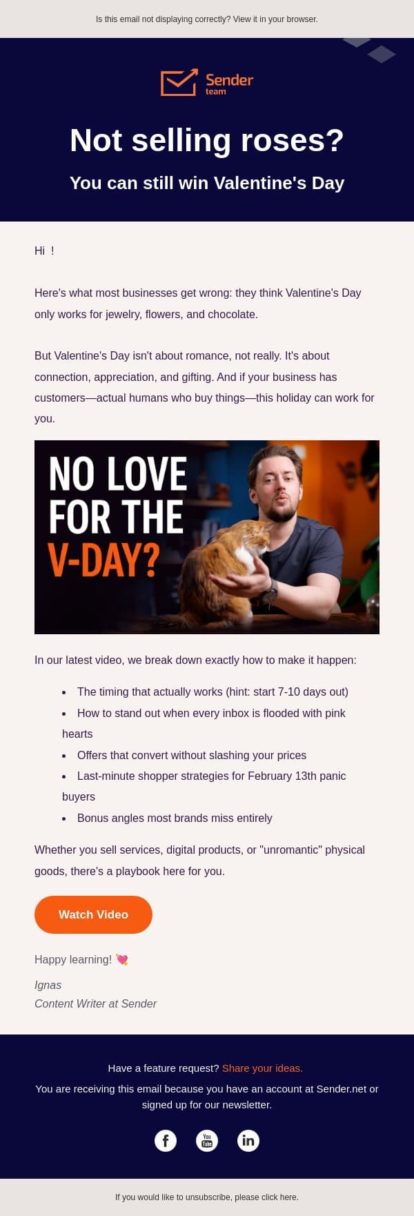 Valentine's Day is coming (even if you're not a romantic) email from Sender screenshot