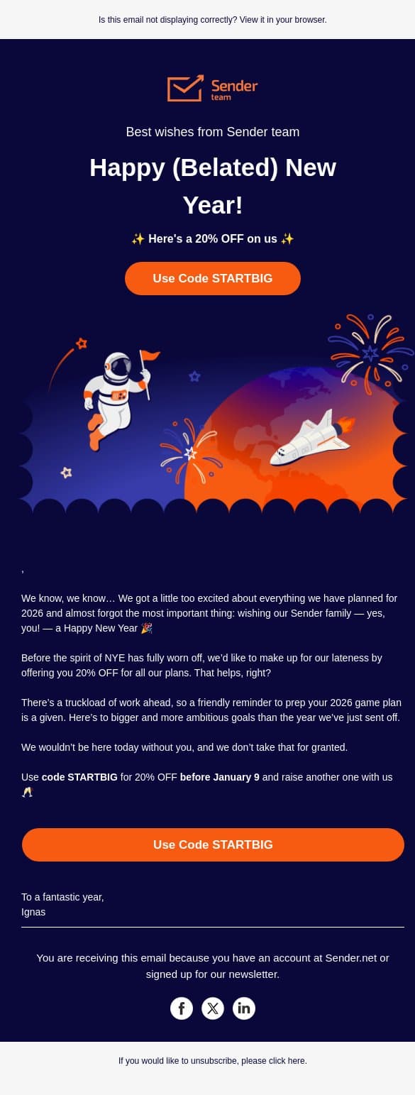 Happy (Belated) New Year, ! 🥳 email from Sender screenshot