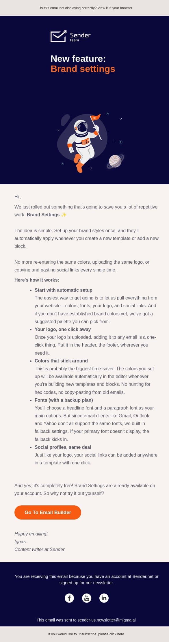 New: Set up your brand once, use it everywhere email from Sender screenshot