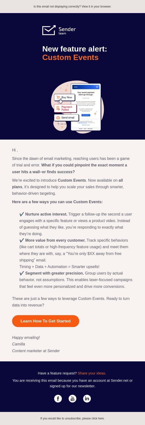 🚨 New feature alert: Custom Events are here email from Sender screenshot
