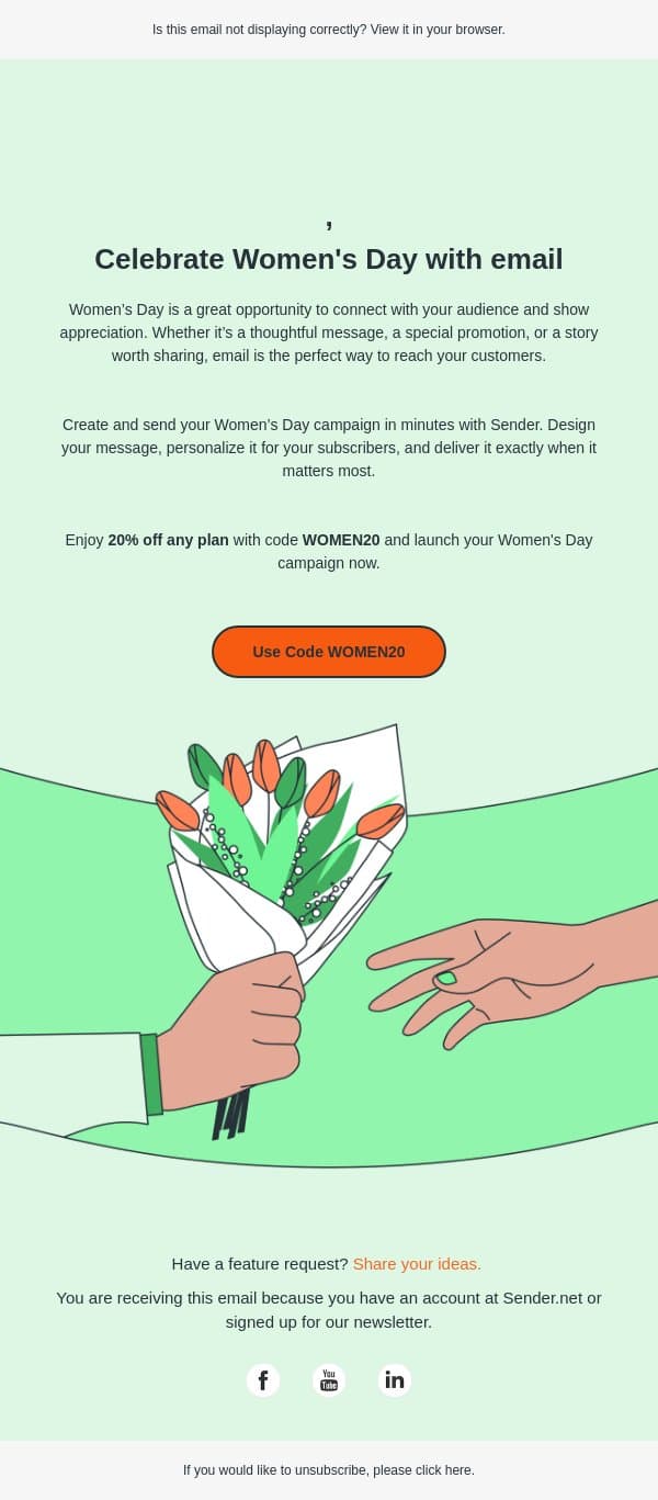 Save 20% & Launch Your Women’s Day Campaign🌷 email from Sender screenshot