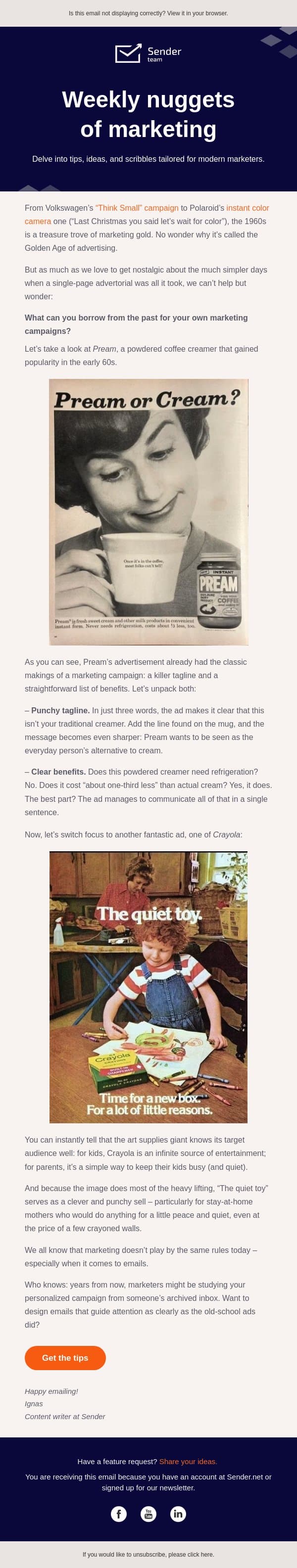 What vintage ads understood about selling email from Sender screenshot