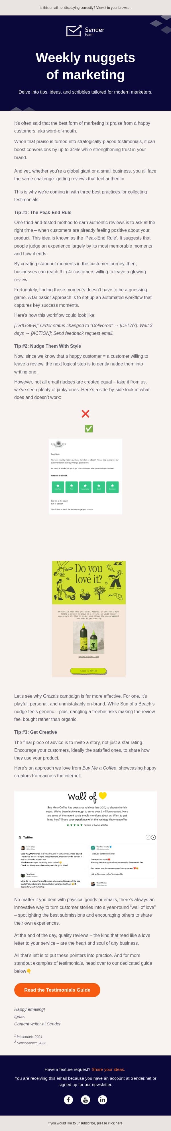 A simple recipe for better testimonials email from Sender screenshot