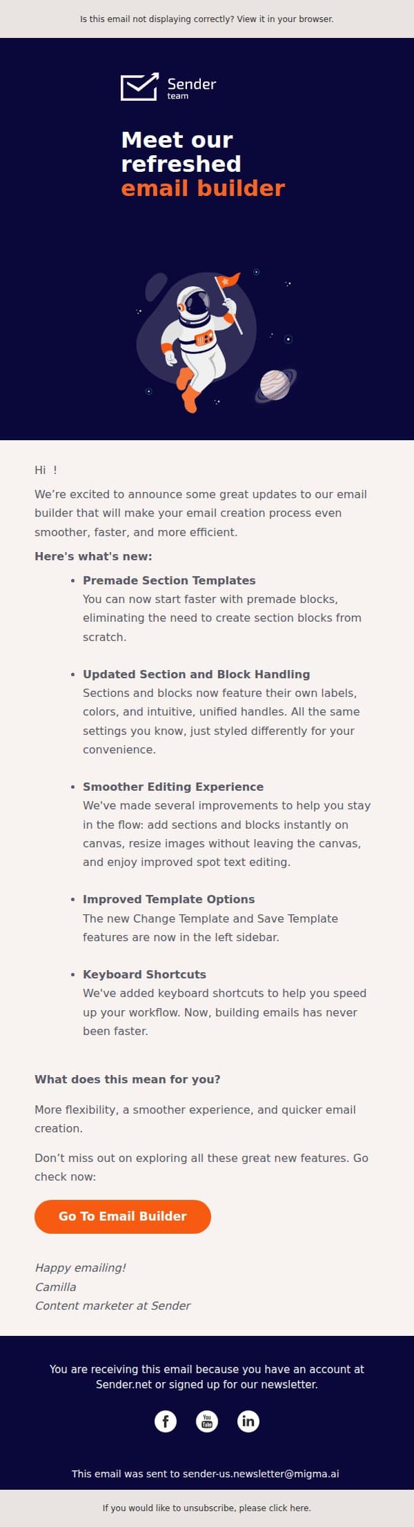 Our email builder just got a major upgrade ✨ email from Sender screenshot