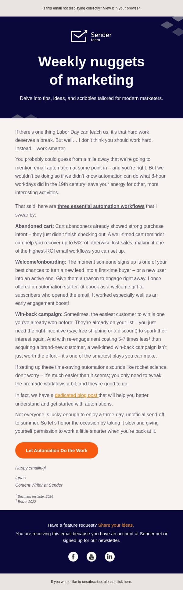 Let your emails do the heavy lifting for you email from Sender screenshot