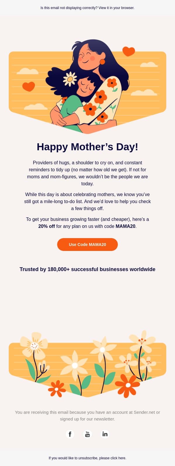 Mother’s Day gift for your business: 20% OFF email from Sender screenshot