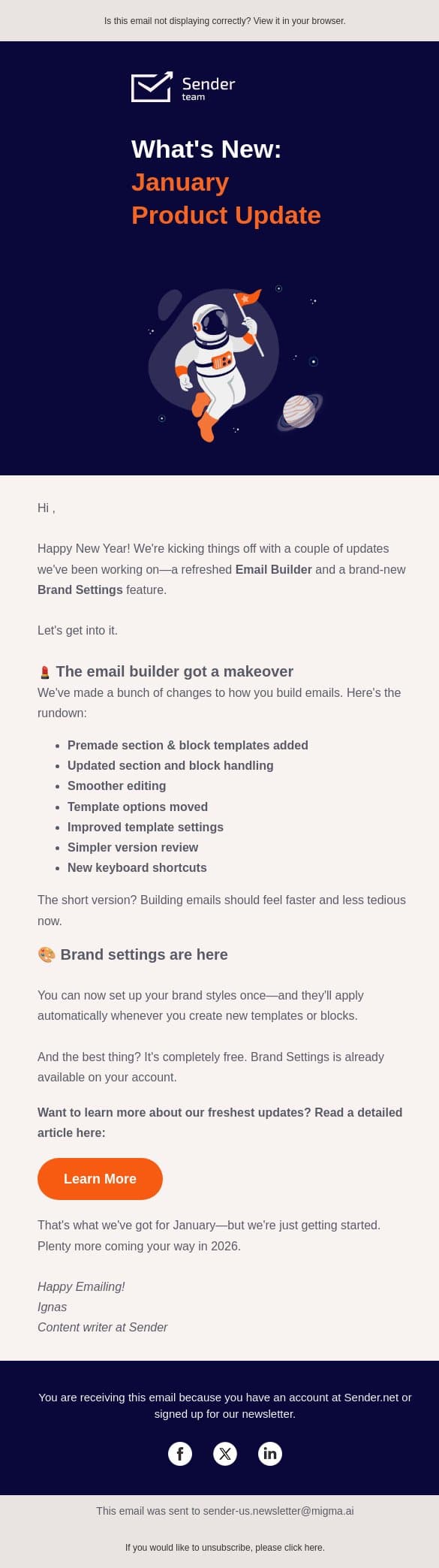 New year, new Email Builder (+ Brand Settings) 🤩 email from Sender screenshot
