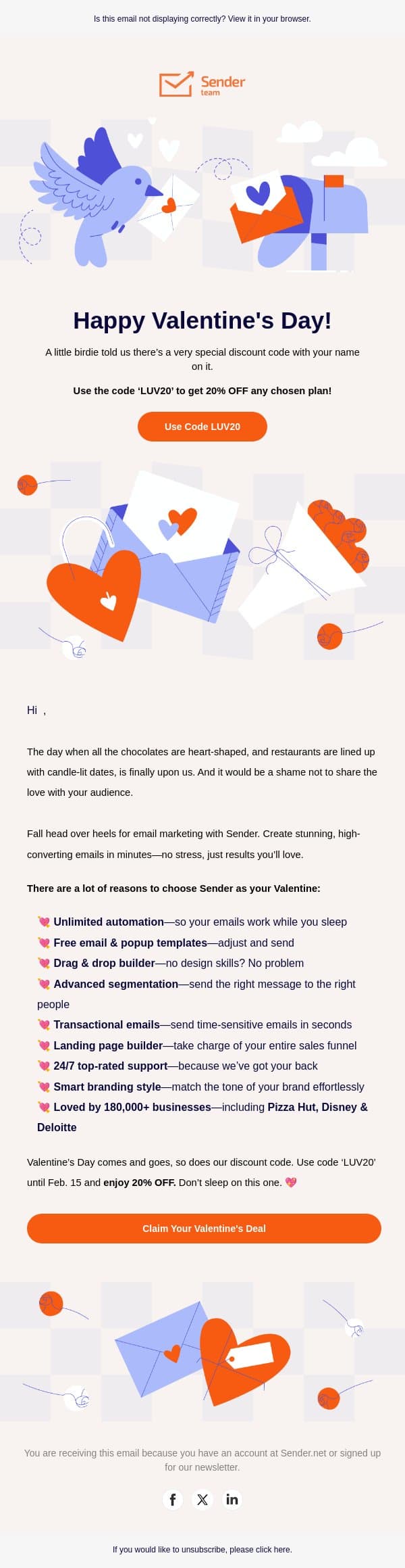 Be our Valentine—enjoy 20% off 💌 email from Sender screenshot